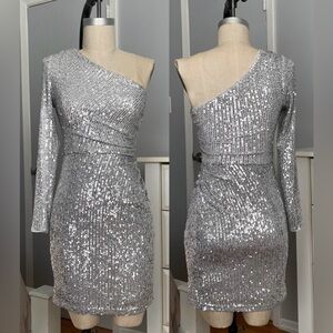 Womens silver sequin asymmetrical dress in size 2